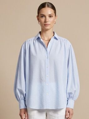 Wendy Glez Seersucker Stripe Button Size  2/M Oversized Puff Sleeve